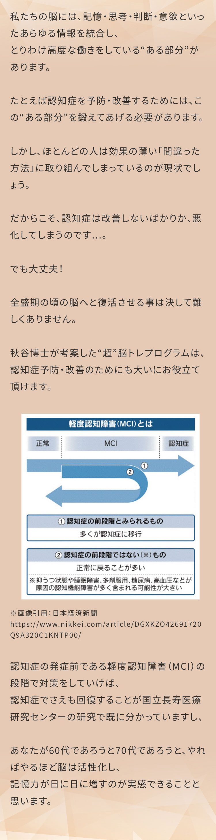 私たちの脳には、記憶・思考・判断・意欲といったあらゆる情報を統合し、とりわけ高度な働きをしている“ある部分”があります。たとえば認知症を予防・改善するためには、この“ある部分”を鍛えてあげる必要があります。しかし、ほとんどの人は効果の薄い「間違った方法」に取り組んでしまっているのが現状でしょう。だからこそ、認知症は改善しないばかりか、悪化してしまうのです…。でも大丈夫！全盛期の頃の脳へと復活させる事は決して難しくありません。秋谷博士が考案した“超”脳トレプログラムは、認知症予防・改善のためにも大いにお役立て頂けます。認知症の発症前である軽度認知障害（MCI）の段階で対策をしていけば、認知症でさえも回復することが国立長寿医療研究センターの研究で既に分かっていますし、あなたが60代であろうと70代であろうと、やればやるほど脳は活性化し、記憶力が日に日に増すのが実感できることと思います。