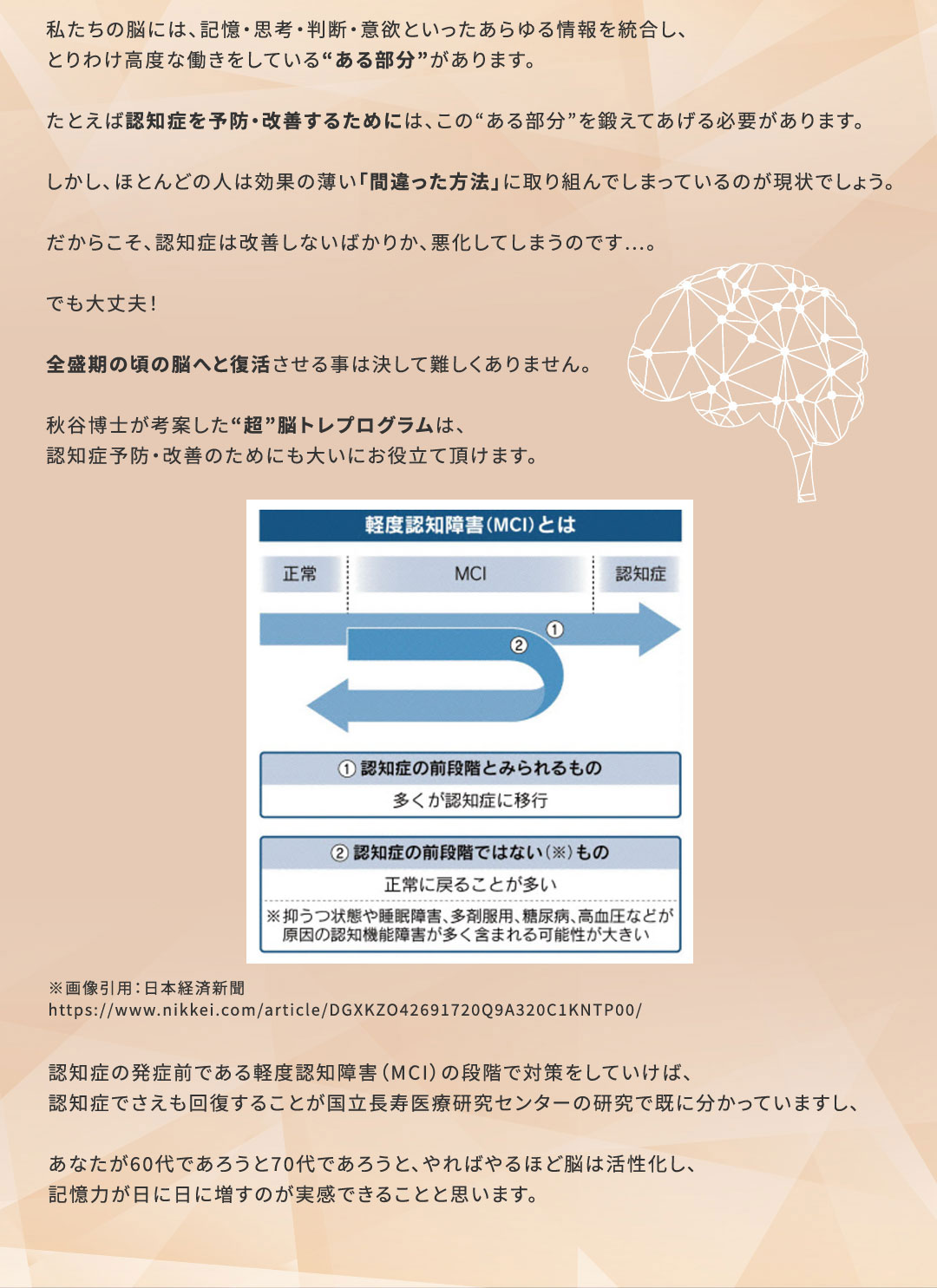 私たちの脳には、記憶・思考・判断・意欲といったあらゆる情報を統合し、とりわけ高度な働きをしている“ある部分”があります。たとえば認知症を予防・改善するためには、この“ある部分”を鍛えてあげる必要があります。しかし、ほとんどの人は効果の薄い「間違った方法」に取り組んでしまっているのが現状でしょう。だからこそ、認知症は改善しないばかりか、悪化してしまうのです…。でも大丈夫！全盛期の頃の脳へと復活させる事は決して難しくありません。秋谷博士が考案した“超”脳トレプログラムは、認知症予防・改善のためにも大いにお役立て頂けます。認知症の発症前である軽度認知障害（MCI）の段階で対策をしていけば、認知症でさえも回復することが国立長寿医療研究センターの研究で既に分かっていますし、あなたが60代であろうと70代であろうと、やればやるほど脳は活性化し、記憶力が日に日に増すのが実感できることと思います。